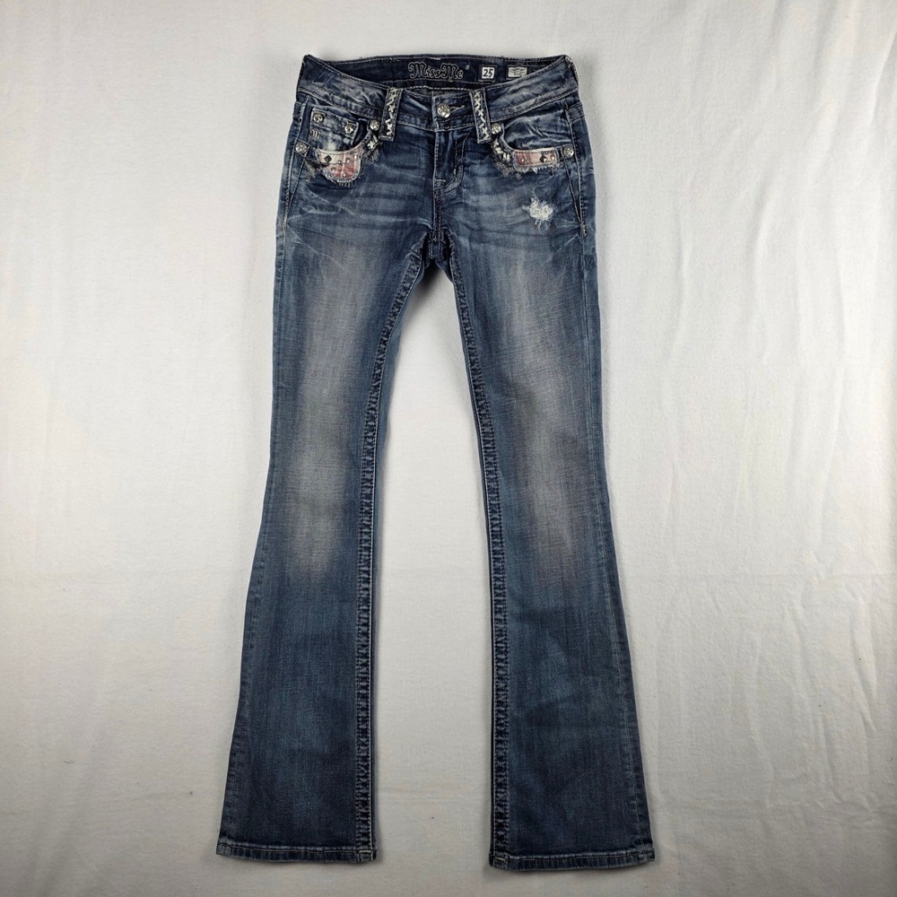 Miss Me Women Signature Bootcut Distressed Plaid Inset Embellished Jeans Size 25